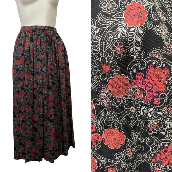 1980s Red Rose Floral Halston Midi Skirt / Women’s Small * - Picture 4 of 4